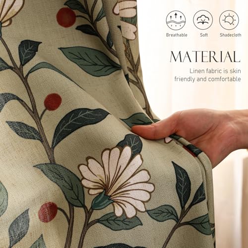 Image of ISAENNE Designer French Green Linen Printed Curtain,2 Panels,79 inchx53 inch-Brune | Vintage Curtains with Grommet 79 inches long,Floral Pattern Home Decor Draps,kitchen Bedroom Living Room Window Blackout