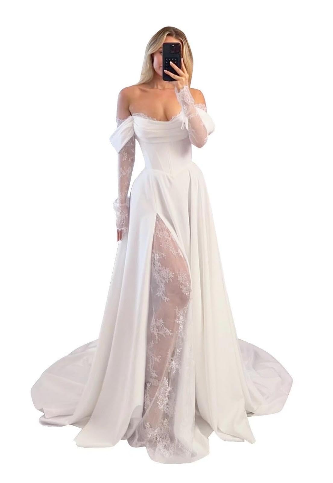 HUINI Damen Schulterfreies Brautkleid mit Schleppe Satin Spitze Langarm A-Linien Korsett Hochzeitskleid