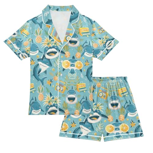senya Pineapple Shark Satin Summer Pajama Sets Silk Short Sleeve Button Down Sleepwear