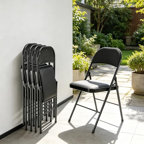 Image of Simple Deluxe Dining Chairs Set of 4, Leather Cushion Foldable Modern Kitchen Side Chair with Padded Back& Metal Legs, Upholstered Dinner Seat Gift for Home /Living Room /Bedroom /Restaurant, Black