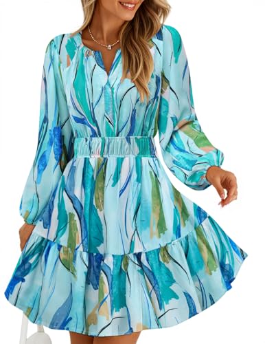 ZESICA Fall Wedding Guest Dresses for Women 2025 Casual Long Sleeve Floral Boho V Neck A-Line Mini Dress with Pockets