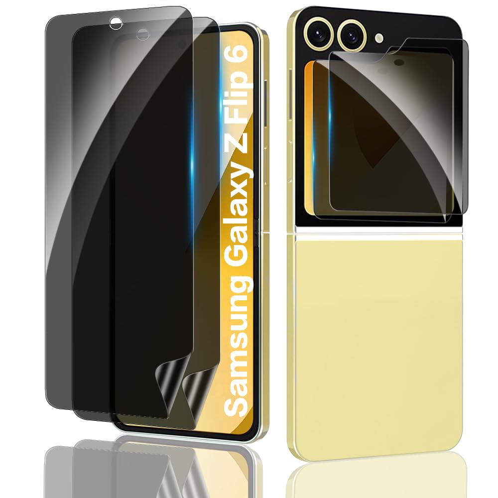 Privacy Screen Protector for Samsung Galaxy Z Flip 6, 2X Inner Soft Black TPU Flexible Film, 2X Tempered Glass Anti Spy Front Screen Saver, Case