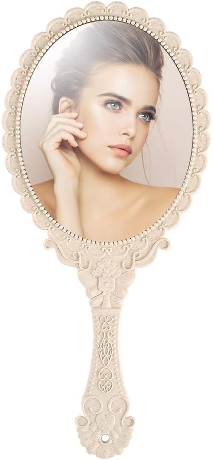 Hand Mirror with Handle Vintage Handheld Mirror Personal Vanity Makeup Compact Beauty Salon Mirror 9.8x4.5in(Ivory White)