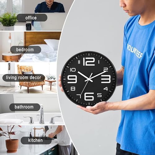 Image of SKYTONE Wall Clock 12 inch Silent Quartz Decorative Wall Clock Non-Ticking Classic Clock Round Easy to Read for Living Room, Bathroom, Kitchen, Office, School (Black White)