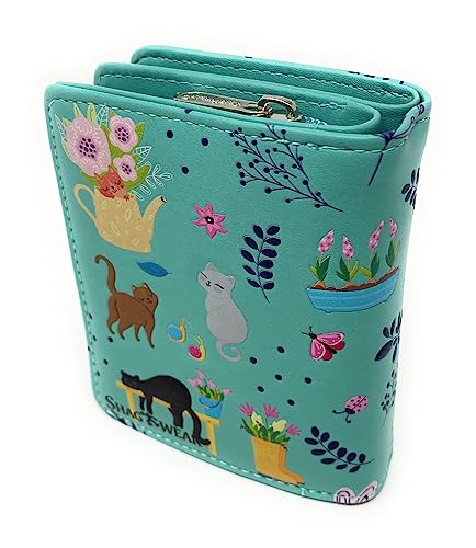 Shag Wear Cats in the Garden Small Animal Wallet for Women and Teen Girls Vegan Faux Leather 4.5" Teal3