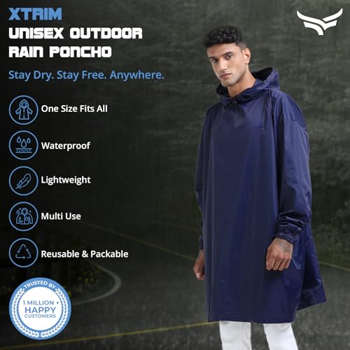 Image of Xtrim Unisex Outdoor Rain Poncho for Adults, Multi Use, Waterproof, Lightweight, Durable, Reusable, Packable Raincoat with Hood, Windproof, One Size Fits All for Travel, Camping, Cycling, Navy Blue
