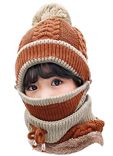 3 in 1 Winter Knitted Beanie Hat Mouth Neck Warmer Set for Girls Boys Kids, Warm Fleece Lined Ski Caps with Pompom