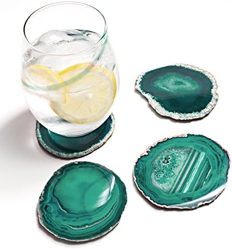 Amethya Natural Sliced Agate Coaster, Cup Mat for Drinks with Rubber Bumper, Set of 4 (Teal)
