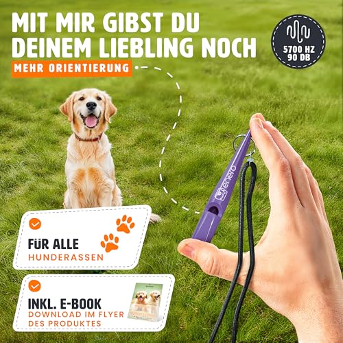 ENERO® Hundepfeife mit praktischem Umhängeband - Perfektes Hundezubehör mit genormter Frequenz - Ideal für Hundetraining - hörbar & weitreichend (Violett)