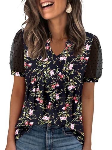 StunShow Casual Blouses Short Sleeve Summer Shirts Women Tunic Tops for Women Black Pink M