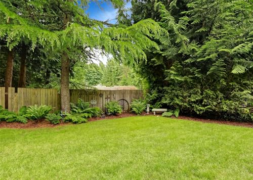 CORFOTO 7x5ft Fabric Spring Backyard Backdrop for Photography Green Backyard Area with Wooden Fence and Trim Background for Green Grassland Nature Outdoor Photo Backdrop Kids Adults Studio Props