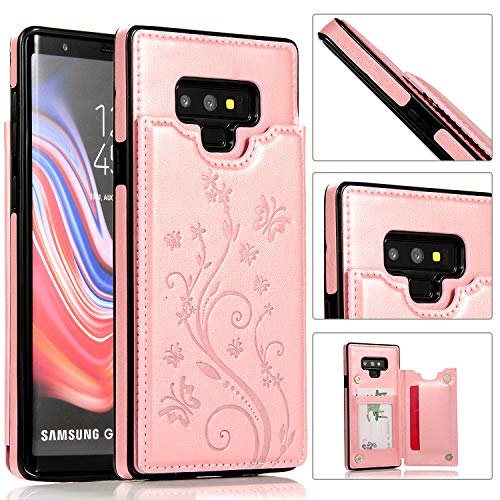 Back Wallet Case for Samsung Galaxy Note 9 with Stand,QFUN Elegant Embossed Design [Butterfly Flower] Lightweight Slim Fit Leather Phone Case with Card Holder Protective Bumper Flip Cover - Rose Gold