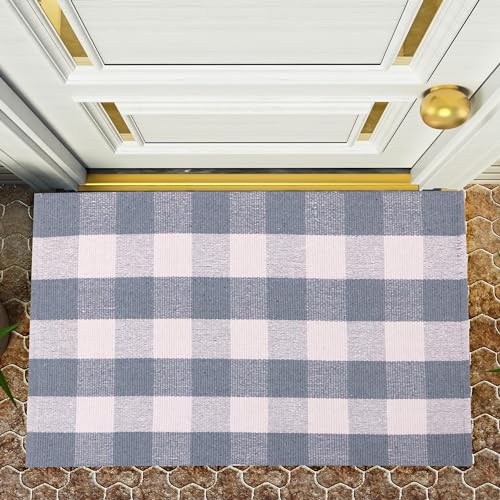 RAJRANG Baumwoll Tradewinds Grau Weiß Reversible Fläche Teppich Bauernhaus Bodenmatte handgewebte waschbare Teppich Karierte Karierte Teppich für Veranda Wohnzimmer 109...