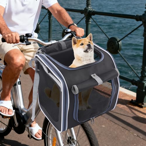 4-In-1 Hundekorb für Fahrrad, Faltbarer Hundefahrradkorb Vorne mit 4-Offenen Türen, 360°-Meshfenster, Roll-Sonnenschutz, Haustier-Reisetasche, Hunderucksack für Katzen & kleine Hunde, Schwarz