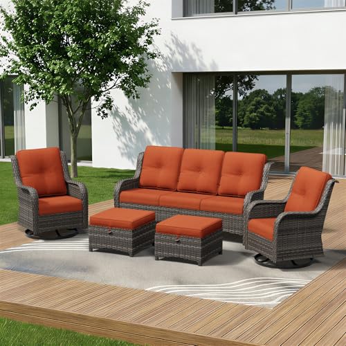 Image of 5 Piece Outdoor Wicker Patio Furniture Set, Outdoor Swivel Rocker Patio Chairs Set with Thickened Olefin Cushions, High Back and Deep Seating, Hand-Woven PE Rattan for Porch, Deck