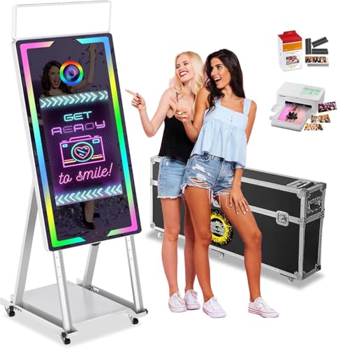 Magic Mirror Photo Booth with Printer,40" Mirror Photo Booth with 22" Touch Screen,Photo Booth with Flight Case,Instant Printing and Sharing,RGB Light,Idea for Party Events (White Booth+Printer)