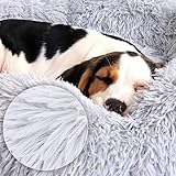 lionto Donutbett für Hunde und Katzen, Flauschiges Hundebett rund für kleine und große Heimtiere, Ø 60 cm, weiches Katzenbett aus kuscheligem Plüsch, Hundekissen mit extra Dicker Füllung, hellgrau