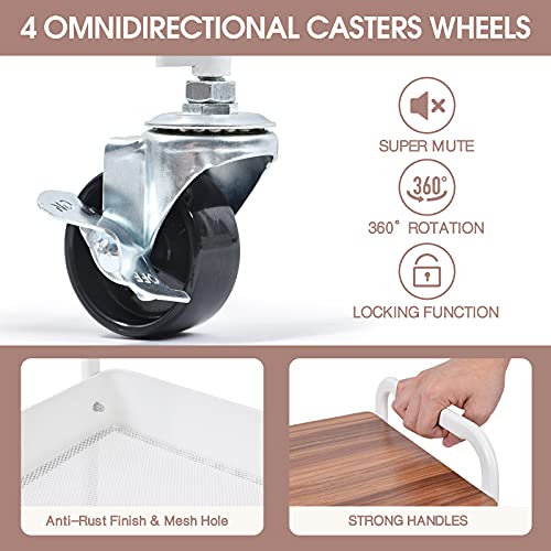 Toolf 3-Tier Utility Rolling Cart With Wooden Board & Drawer, Metal Storage Cart With Handle, White Trolley Kitchen Organizer Rolling Desk With Locking Wheels For Office, Classroom, Home, Bedroom #TOP3