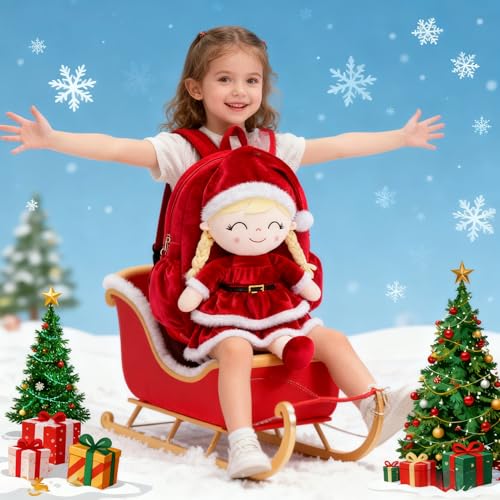 Image of Gloveleya Plush Backpacks Toddler Backpack Removable Doll and Backpack Christmas Gifts Baby Girl Gift For 2 to 8 Years Girl Birthday Gifts With Red Doll