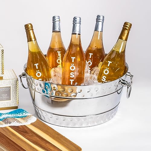 Brekx Hammered Stainless-Steel Beverage Tub, Double-Walled Insulated Anchored Bolt Drink Tub & Ice Bucket With Double-Hinged Handles, Drink Chiller For Parties/Wedding Gifts (12Qt / 3 Gallon) Silver #TOP2