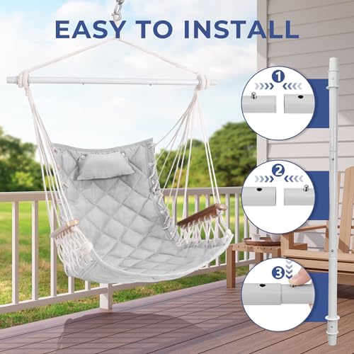 Image of Hammock Chair Hanging Swing with Wooden Armrest;Steel Spreader Bar,Pillows,Hardware kit Included;Cotton Woven Fabric;Up to 350 Lbs,for Indoor Light Grey