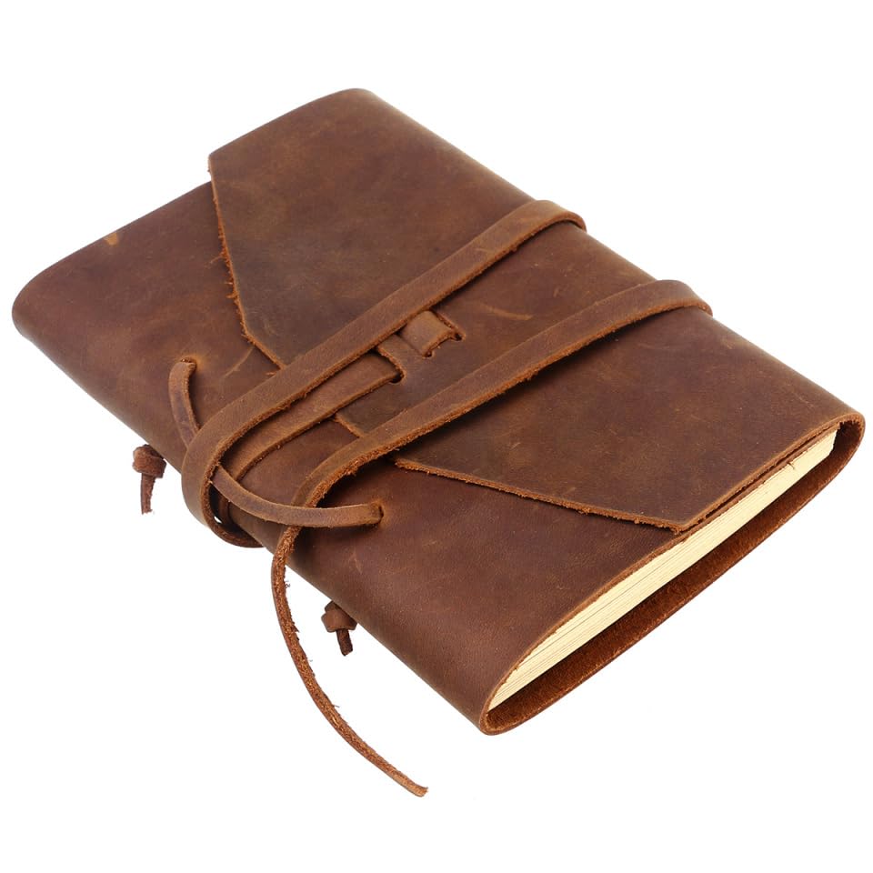TEHAUX Vintage Leather Journal Notebook with Handmade Binding Rope Thick Large Pages for Writing Brown Leather Diary Journal for Gift and Personal Use 7.08X4.92X0.98In      Unknown Binding