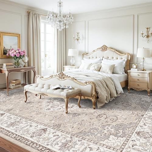 12x15 Living Room Area Rug: Oriental Large Neutral Bedroom Carpet Soft Distressed Floor Mat with Non-Slip Backing Indoor Ultra Thin Water-Resistant Dining Room Rug Farmhouse Home Decor(12x15 Beige) - Thumbnail 3