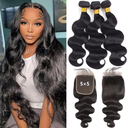 Image of 16A Body Wave 3 Bundles with 5x5 HD Lace Closure (14 16 18+12 inch) 100% Unprocessed Brazilian Virgin Body Wave Human Hair Weave Bundles with Closure Natural Color