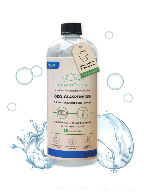 GRASHÜPFER® Öko-Glasreiniger I Reinigungsmittel für alle Fensterroboter und Fenstersauger I 750 ml für mind. 60 Anwendungen I Bio-, Tier- und Umweltfreundlich I Streifenfreie Hochglanzreinigung