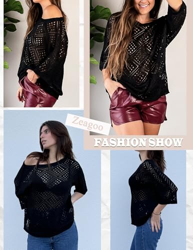 Zeagoo Women's 2025 Spring Summer Crochet Top Hollow Out 3/4 Sleeve Sweater Off Shoulder Beach Knit Coverup2