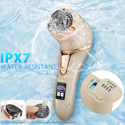 Image of Callus Remover for Feet (with Dander Vacuum), Portable Pedicure Kit Foot File Callus Remover, Rechargeable Waterproof Foot File for Foot Care Deadskin Remover with 3Head&LCD Display, Gold