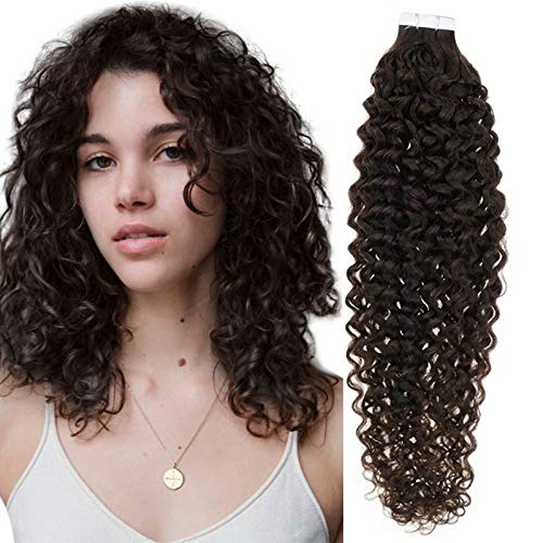 Tape in Hair Extensions Brown LaaVoo Tape in Remy Hair Extensions Human Hair Curly Invisible Tape in Extensions Darkest Brown Tape on Curly Human Hair Extensions Double Sided 50g/20Pcs 18”