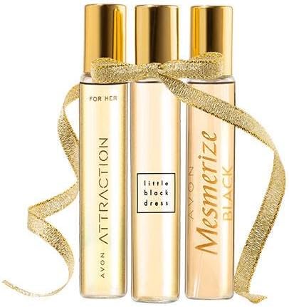 avon Set of 3 Purse Sprays This set contains: • Avon Attraction for Her Purse Spray 10ml • Little Black Dress Purse Spray 10ml • Mesmerize Black for Her Purse Spray 10ml.