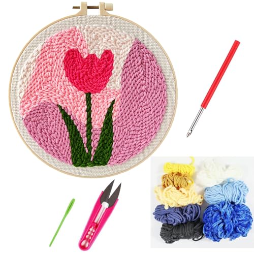 Punch Needle Kit,Healing Weave Punch Stitching Kit,Punch Stitching Kit,DIY Punch Needle Kits Adults Beginner,Punch Needle Kit with Floral Pattern?Includes Tools?Frame?Yarn and Instructions (Flower A)