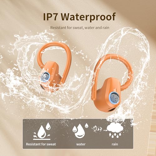 Image of Wireless Earbuds, Headphones Sport Bluetooth 5.4, Over Ear Buds with ENC Noise Canceling Mic, Deep Bass Stereo Earphones with Hook, 50H Playback, LED Display Ear Buds for Workout Running, Deep Orange