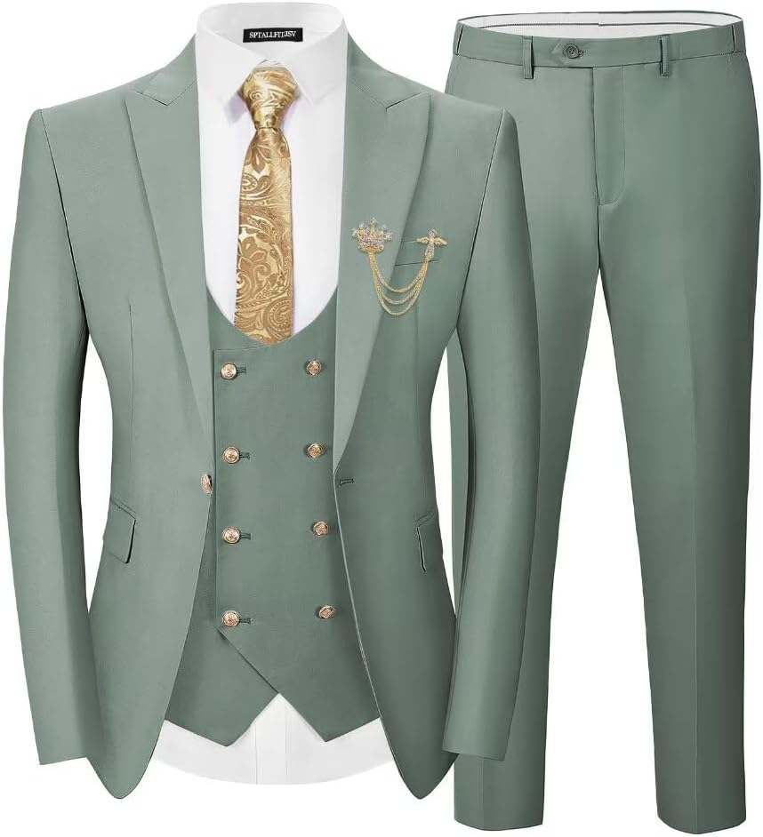 Men's 3 Piece Suits Slim Fit, Blazer Double Breasted Vest and Pants, Wedding Prom Business Suit with Gold Button