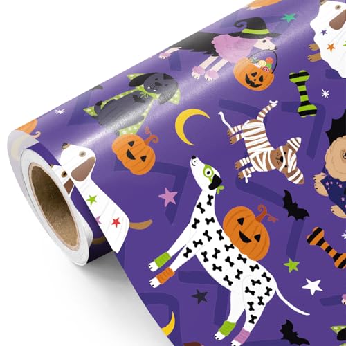 WRAPAHOLIC Dog Halloween Wrapping Paper Roll - Mini Roll - 17 Inch x 16.5 Feet - Halloween Pumpkin and Adorable Dog Wrapping Paper for Holiday Kids Birthday