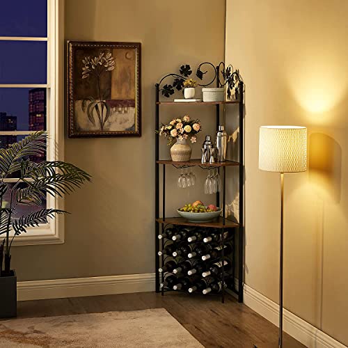 Vecelo 3-Tier Corner Wine Rack Freestanding Floor With Glass Holder, 16 Bottles, Wooden Home Liquor Bar Cabinet Storage Display Shelf For Kitchen Dining Room, Rustic Brown #TOP5