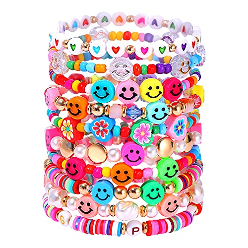 Beaded Bracelet Set Stack Colorful Happy Face Charm Pearl Heishi Beaded Stretchy Bracelet Summer Beach Bracelet Jewelry