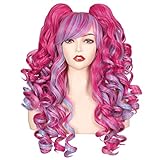 ColorGround Long Curly Cosplay Wig with 2 Ponytails (Hot Pink/Pink/Blue)