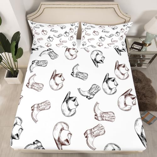 Loussiesd Sábana bajera ajustable para niños, diseño de botas de vaquero occidental, juego de ropa de cama individual para decoración de habitación de niños y niñas, juego de cama tribal de estrellas