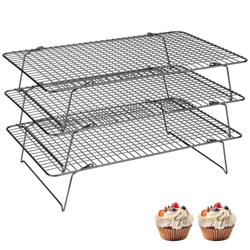 Pleafind 3 Pieces Stackable Cooling Rack - 16 x 10 Inch Wire Rack, 0.43" Dense-Grid Cooling Racks for Cooking, Baking, Roasting, Grilling, Oven and Dishwasher Safe, Black