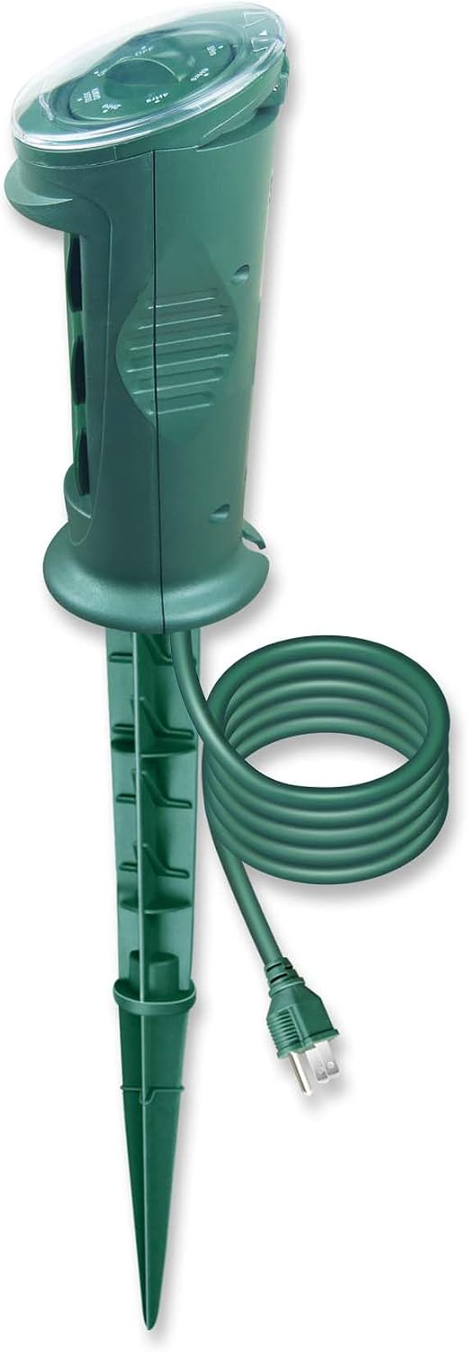 OSKOS Outdoor Power Stake with Photocell Timer 2/4/6/8 Hour Countdown, Dusk to Dawn, 3 Grounded Outlets 6FT Cord, UL Listed, Green image 5