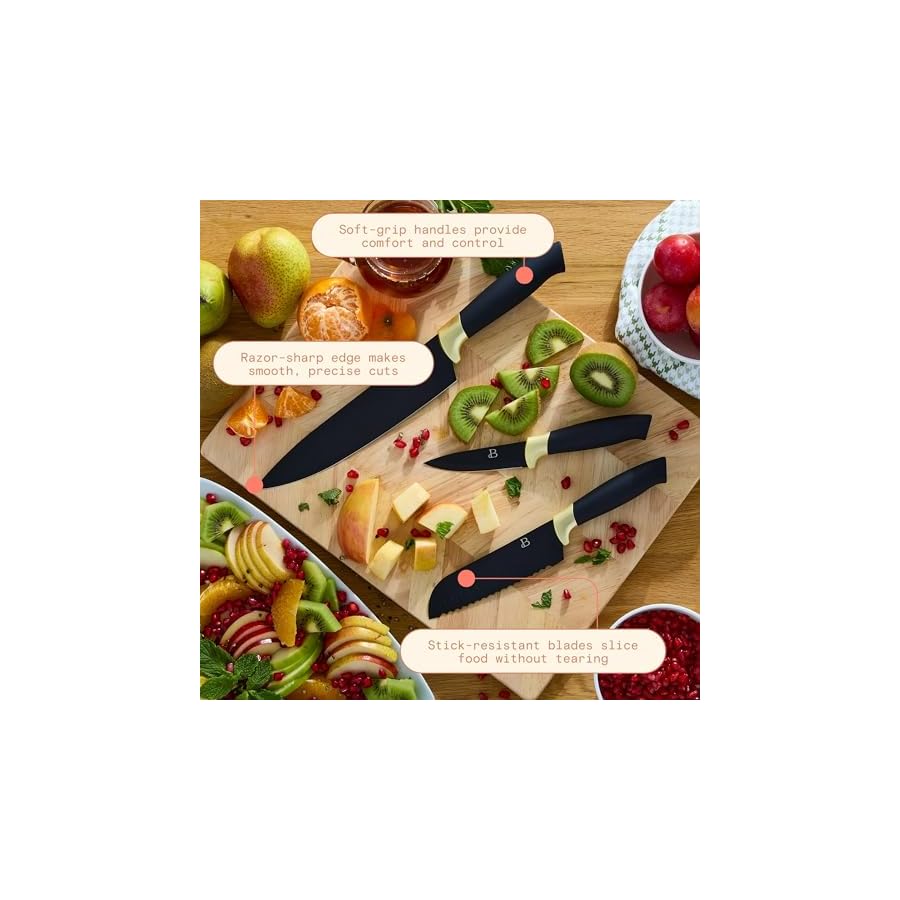 Drew Barrymore 14-Piece Black & Gold Knife Block Set, 11x14 in Herringbone Wood Cutting Board