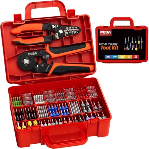 PEBA Crimpzange Aderendhülsen Set, Zange [0,25– 10mm2] mit 24 Stile Aderendhülsen+Abisolierzange, Selbsteinstellende Ratschen Crimpzangen für isolierte und unisolierte Hülsen Kabelschuhe