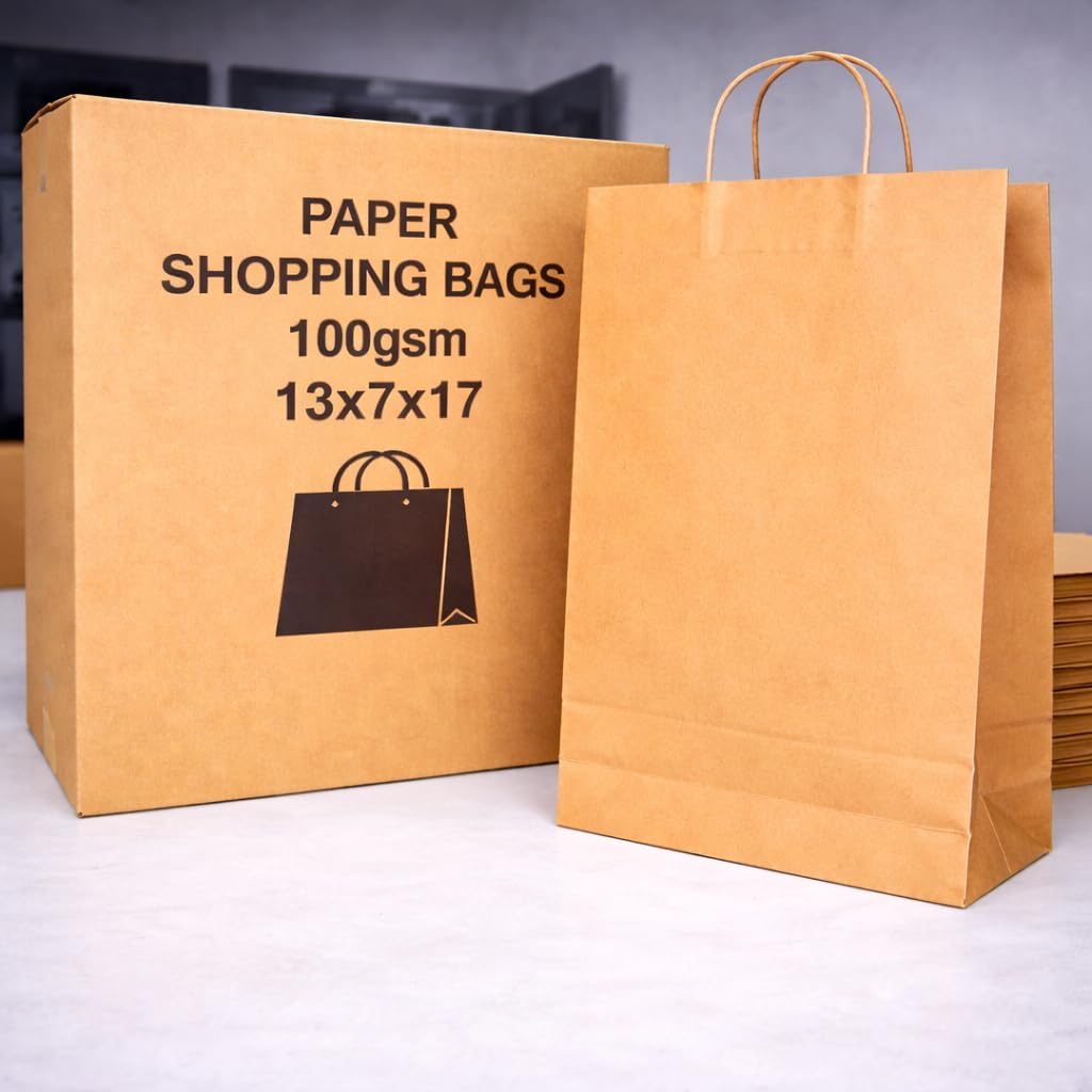 VPACK Kraft Paper Bags Shopping Bags, Gift Bags, Retail Bags, Recycled Bulk, Brown Paper Bags with Handles Bulk (Kraft, 13x7x17 250pcs)