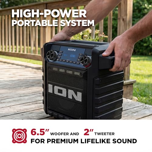 Image of ION Tailgater Classic Outdoor Portable Bluetooth Speaker with Rechargeable Battery, FM Radio, USB Port, IPX5 Water-Resistant, 6.5 inch Woofer, App, Black