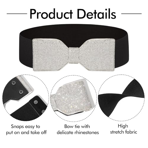 Rhinestone Elastic Belt Silver Bow Tie Crystal Wide Stretch Belts Women Sparkly Waist Belts for Dress3