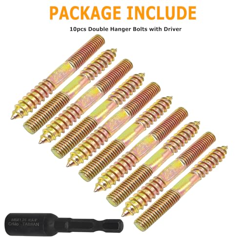 Image of 10pcs M8x120mm Hanger Bolts Double Headed Bolts Screw Kit,Self-Tapping Hanger Bolts Screw for Wood Furniture,Middle Flatten,with 1pcs M8x1.25mm Driver