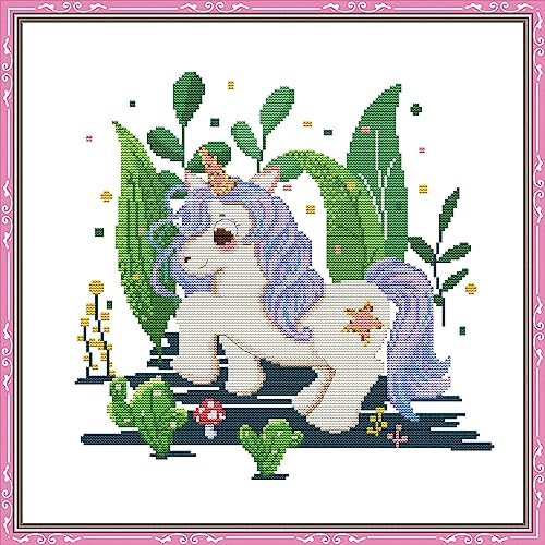 Image of Howie's Needlepoint Cross Stitch Kits, 11CT Pre-Printed Pattern Needlepoint Kits, Full Range of Stamped Starter Kits (Unicorn 1, 19.7 x 19.7 Inch)